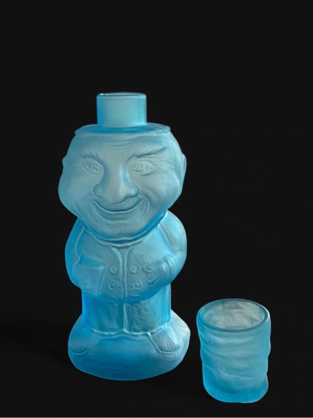 Vintage 70’s Jolly Mountaineer blue satin frosted glass decanter Indiana Glass
